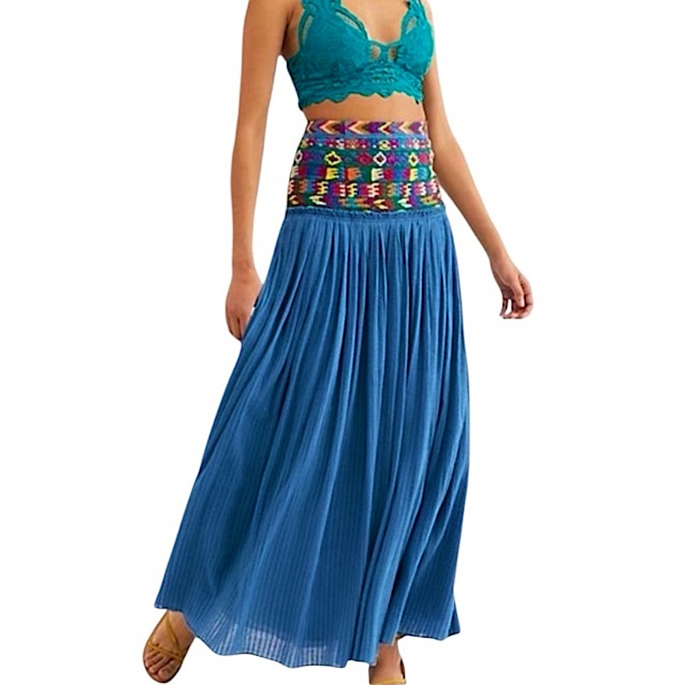 Free People Blue Maxi Skirt with Multicolor Waistband